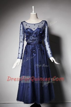 Scoop Tea Length A-line Long Sleeves Navy Blue Homecoming Dress Zipper