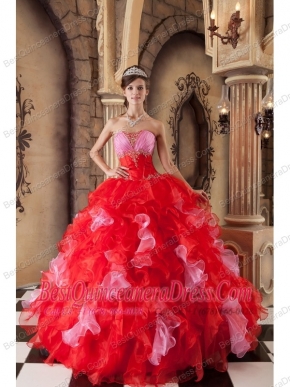 Red Ball Gown Strapless Floor-length Organza Beading and Ruffles Quinceanera Dress