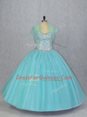 Eye-catching Aqua Blue Lace Up Sweetheart Beading Sweet 16 Dress Tulle Sleeveless