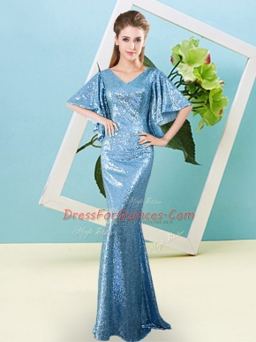 Spectacular Sequined V-neck Half Sleeves Zipper Sequins Evening Dress in Baby Blue
