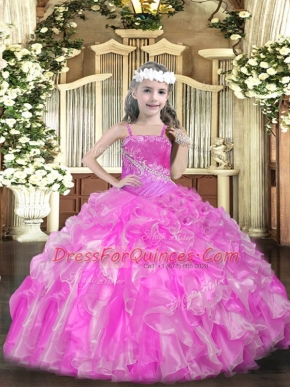 Floor Length Lace Up Kids Pageant Dress Rose Pink for Party and Sweet 16 and Quinceanera and Wedding Party with Beading and Ruffles and Sequins