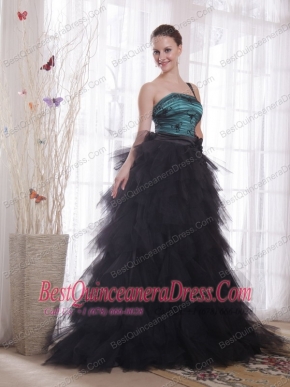 Black and Blue A-line / Princess One Shoulder Brush Train Tulle Appliques and Ruch Prom / Celebrity Dress