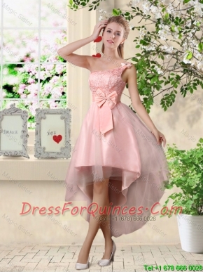 Romantic One Shoulder Laced and Bowknot Prom Dresses in Pink