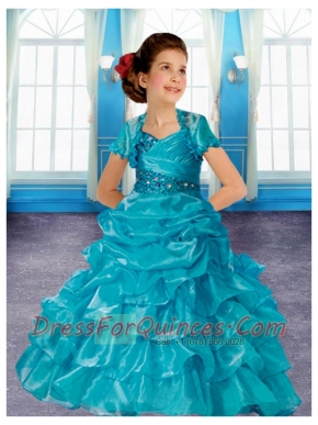 2015 Beautiful Spaghetti Straps Beading Little Girl Pageant Dress with Ruffles in Blue