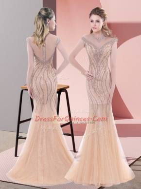 Amazing Beading Prom Party Dress Peach Zipper Sleeveless Sweep Train