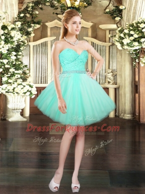 Aqua Blue A-line Tulle Sweetheart Sleeveless Beading and Lace Mini Length Lace Up Prom Evening Gown