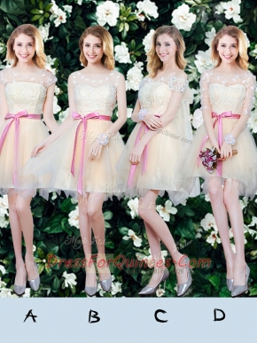 Inexpensive Champagne Tulle Lace Up Scoop Sleeveless Mini Length Court Dresses for Sweet 16 Lace and Appliques and Ruffles and Bowknot