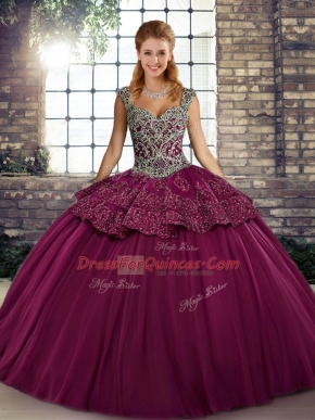 Fuchsia Quinceanera Gowns Military Ball and Sweet 16 and Quinceanera with Beading and Appliques Straps Sleeveless Lace Up