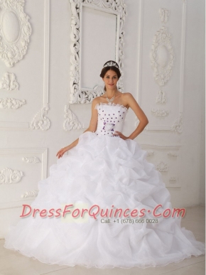 White Ball Gown Strapless Court Train Organza Beading and Hand Flower Pretty Quinceanera Dresses