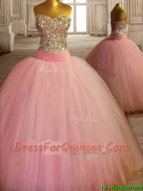 New Style Beaded Bodice Baby Pink Sweet 16 Dress in Tulle