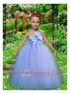 Sweet Lavender One Shoulder Floor-length Little Girl Dresses with Appliques