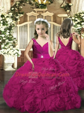 Customized Sleeveless Floor Length Beading Backless Pageant Gowns For Girls with Fuchsia
