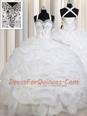 Suitable Straps White Organza Lace Up 15 Quinceanera Dress Sleeveless Floor Length Beading and Ruffles and Pick Ups