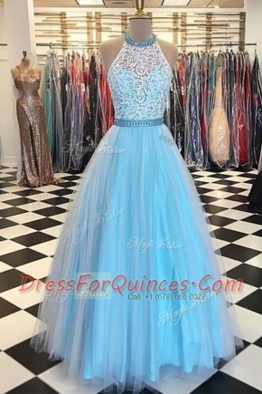 Halter Top Floor Length Blue Prom Gown Tulle Sleeveless Beading and Appliques