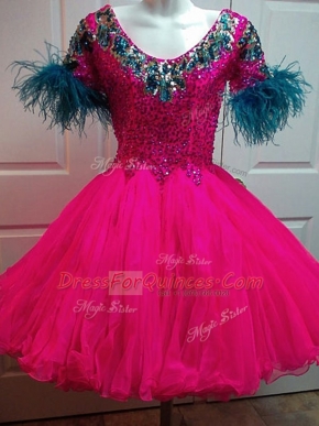 Ideal Mini Length Fuchsia Prom Dress Organza Short Sleeves Beading and Sequins