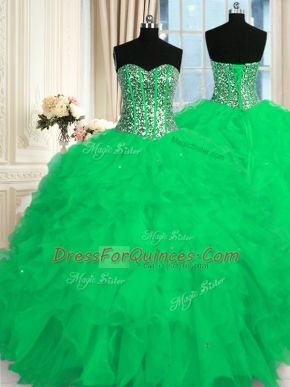 Sumptuous Turquoise Ball Gowns Organza Sweetheart Sleeveless Beading and Ruffles Floor Length Lace Up Quinceanera Gowns