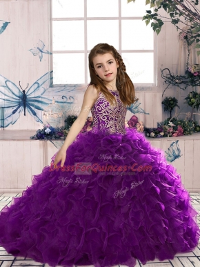 Eggplant Purple Lace Up Pageant Dress Womens Beading and Ruffles Sleeveless Floor Length