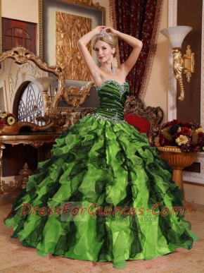 Olive Green and Black Sweetheart 15th Birthday Dresses Beading and Ruffles