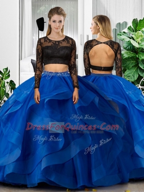 Flirting Scoop Long Sleeves 15th Birthday Dress Floor Length Lace and Ruffles Blue Tulle