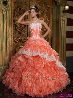 Strapless  Ball Gown Orange Red Appliques Ruffles Organza Spring Quinceanera Dresses