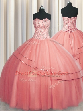 Visible Boning Puffy Skirt Ball Gowns Quinceanera Dress Watermelon Red Sweetheart Tulle Sleeveless Floor Length Lace Up