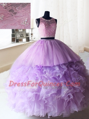 Amazing Scoop Lilac Sleeveless Beading and Ruffles Floor Length Sweet 16 Quinceanera Dress