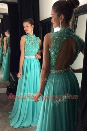 Delicate Turquoise Backless Scoop Beading and Lace Prom Evening Gown Chiffon Sleeveless