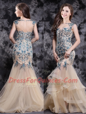 Mermaid Champagne Tulle Zipper Sleeveless With Brush Train Appliques and Ruffles