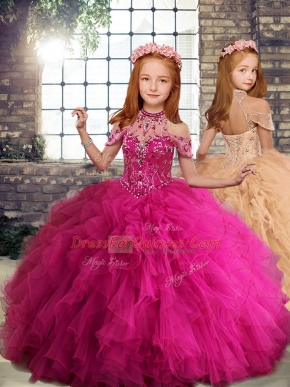 Amazing Beading and Ruffles Kids Formal Wear Fuchsia Lace Up Sleeveless Floor Length