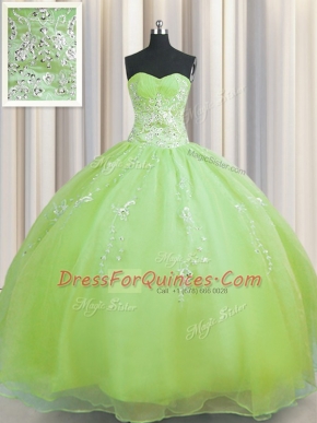 Zipper Up Sleeveless Organza Floor Length Zipper Ball Gown Prom Dress in Olive Green with Beading and Appliques