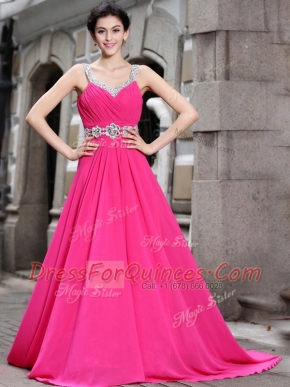 Luxury A-line Sleeveless Hot Pink Prom Evening Gown Brush Train Zipper