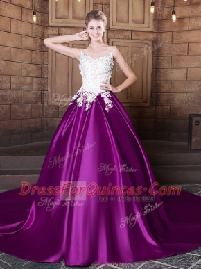 Hot Selling Scoop Elastic Woven Satin Sleeveless With Train Quinceanera Gowns Court Train and Lace and Appliques