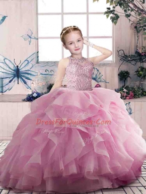 Floor Length Ball Gowns Sleeveless Pink Child Pageant Dress Zipper