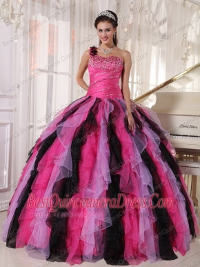 Pretty Multi-colored Quinceanera Dress One Shoulder Floor-length Organza Beading and Ruffles