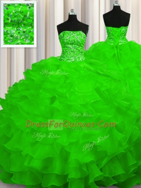 Strapless Sleeveless Quinceanera Gown Sweep Train Beading and Ruffles Organza
