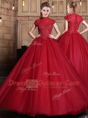 Colorful Wine Red Short Sleeves Appliques Floor Length Sweet 16 Dress