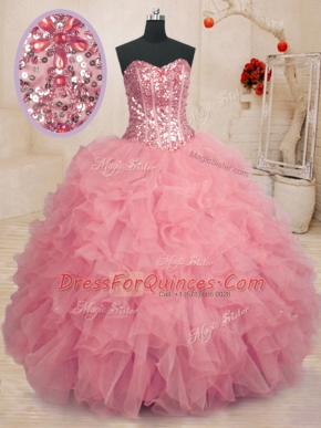 Baby Pink Ball Gowns Sweetheart Sleeveless Organza Floor Length Lace Up Beading and Ruffles Quinceanera Dress