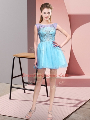 Baby Blue A-line Bateau Sleeveless Tulle Mini Length Zipper Beading Prom Party Dress