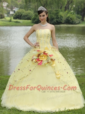 Quinceanera Dress For 2013 Appliques Embroidery and Hand Made Flowers Light Yellow  Strapless Floor-length