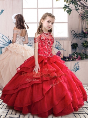 Red Sleeveless Floor Length Beading and Ruffled Layers Lace Up Pageant Dress for Womens