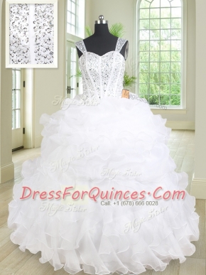 High End Straps Organza Sleeveless Floor Length Sweet 16 Dress and Beading and Ruffles