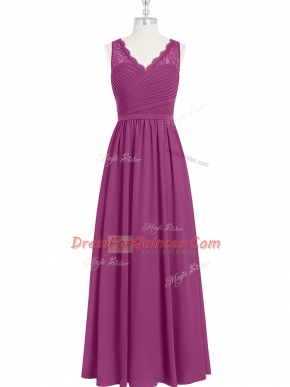 Fashionable Fuchsia Sleeveless Floor Length Lace and Ruching Backless Evening Dress
