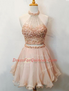 High Class Champagne Organza Lace Up Dama Dress for Quinceanera Sleeveless Knee Length Beading