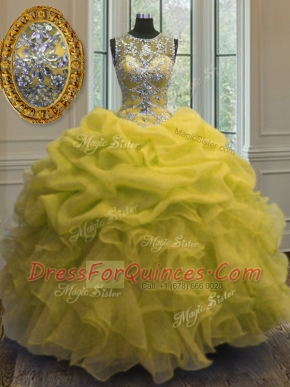 Scoop Yellow Sleeveless Beading and Ruffles and Pick Ups Floor Length Quinceanera Dress