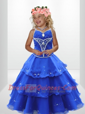 Popular A-Line Straps Beading Little Girl Pageant Dress in Royal Blue