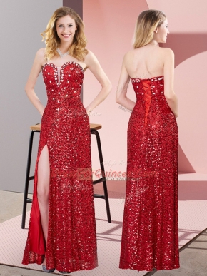 Sumptuous Red Lace Up Sweetheart Beading and Lace Prom Dress Sequined Sleeveless