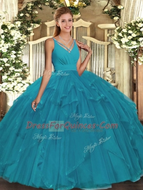 Flirting Teal Tulle Backless V-neck Sleeveless Floor Length Quince Ball Gowns Beading