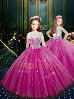 Scoop Eggplant Purple Tulle Clasp Handle Little Girl Pageant Dress Sleeveless Floor Length Beading and Appliques