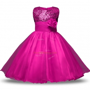 Chic Fuchsia Organza and Sequined Zipper Flower Girl Dresses for Less Sleeveless Knee Length Bowknot and Belt and Hand Made Flower