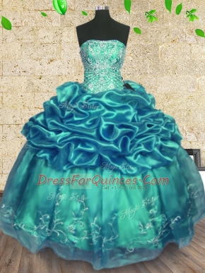 Decent Turquoise Lace Up Strapless Beading and Ruffles Quinceanera Gown Organza and Taffeta Sleeveless